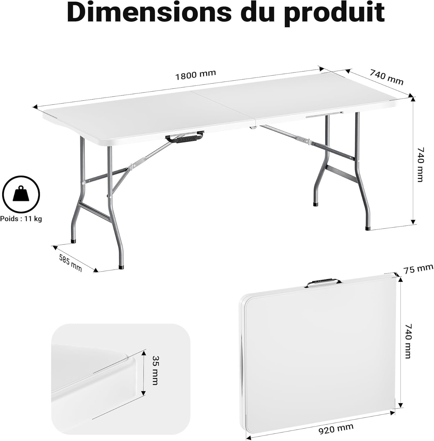 WilTec Table de Camping Pliante 180x75cm - vue 1
