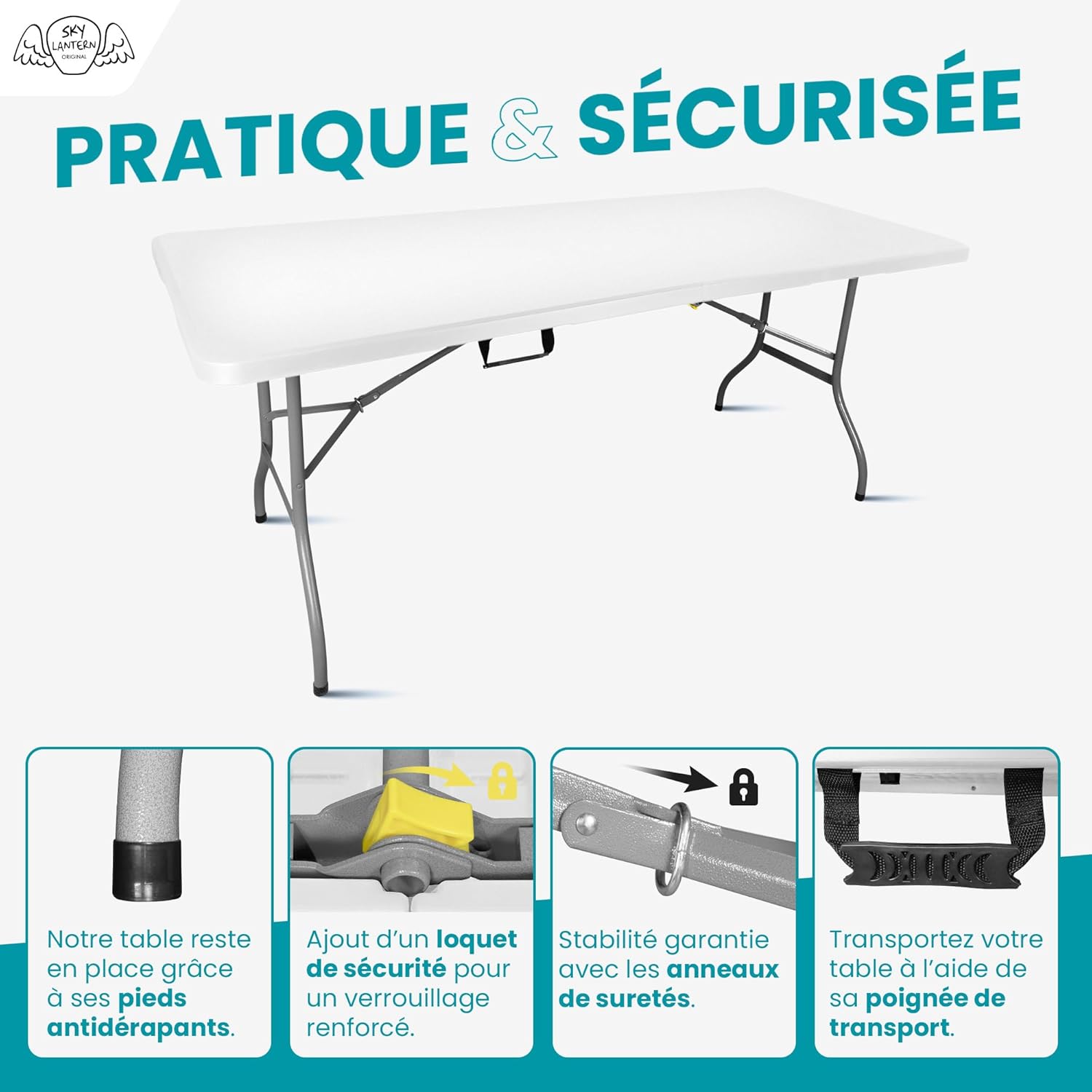SKYLANTERN Table Pliante 180x75cm Gris Clair - vue 4