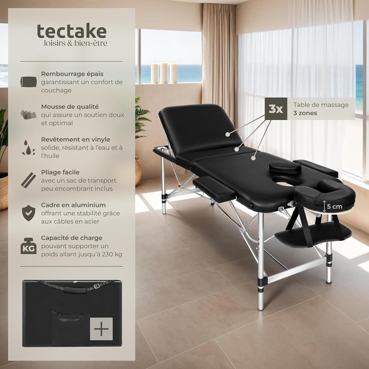 tectake table massage appui-tete ergonomique reglable