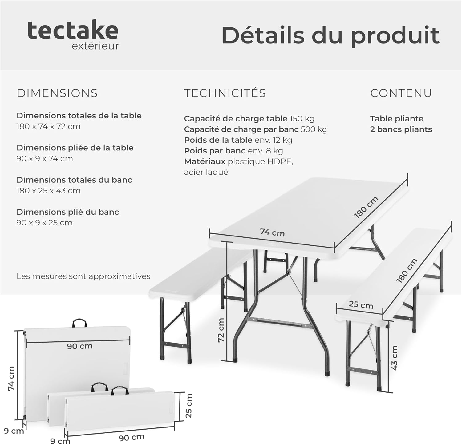 tectake Table Pliante + 2 Bancs pliants - vue 1
