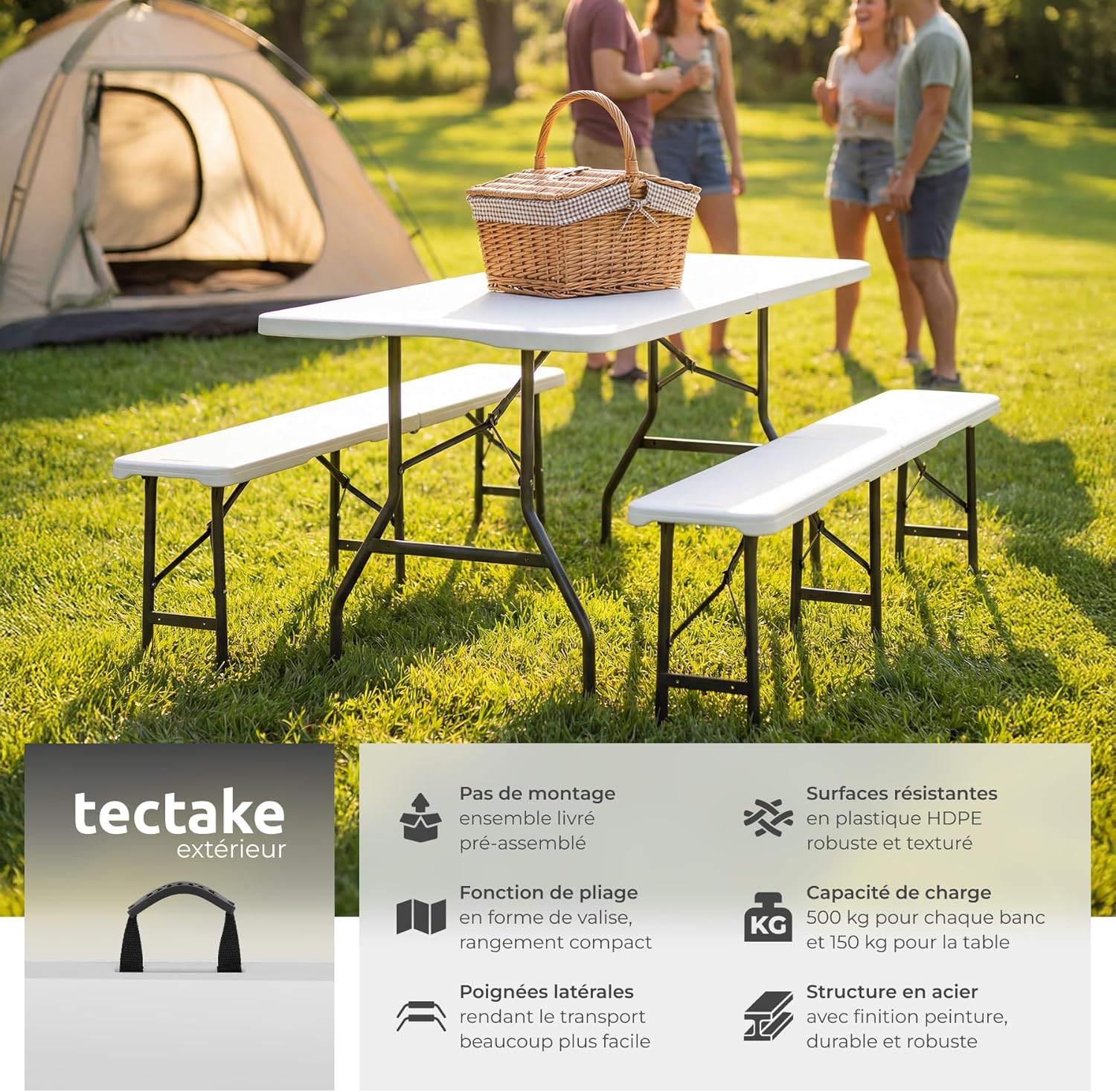 tectake Table Pliante + 2 Bancs pliants - vue 4