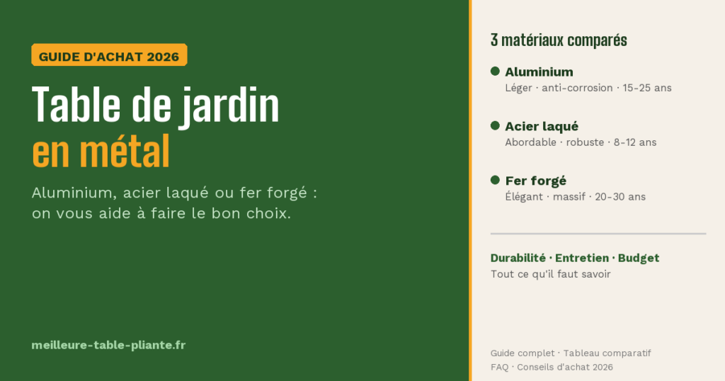 Table de jardin en métal comparatif et guide d'achat 2026 : aluminium, acier laqué, fer forgé