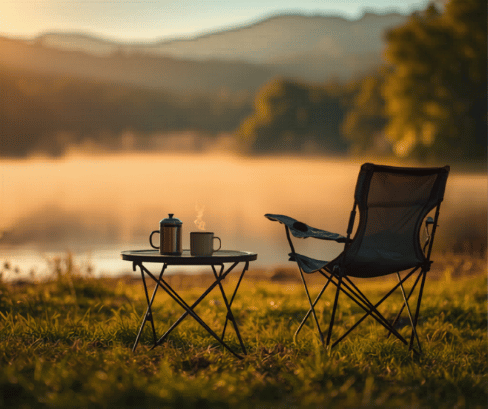 Table pliante camping au bord d'un lac au lever du soleil
